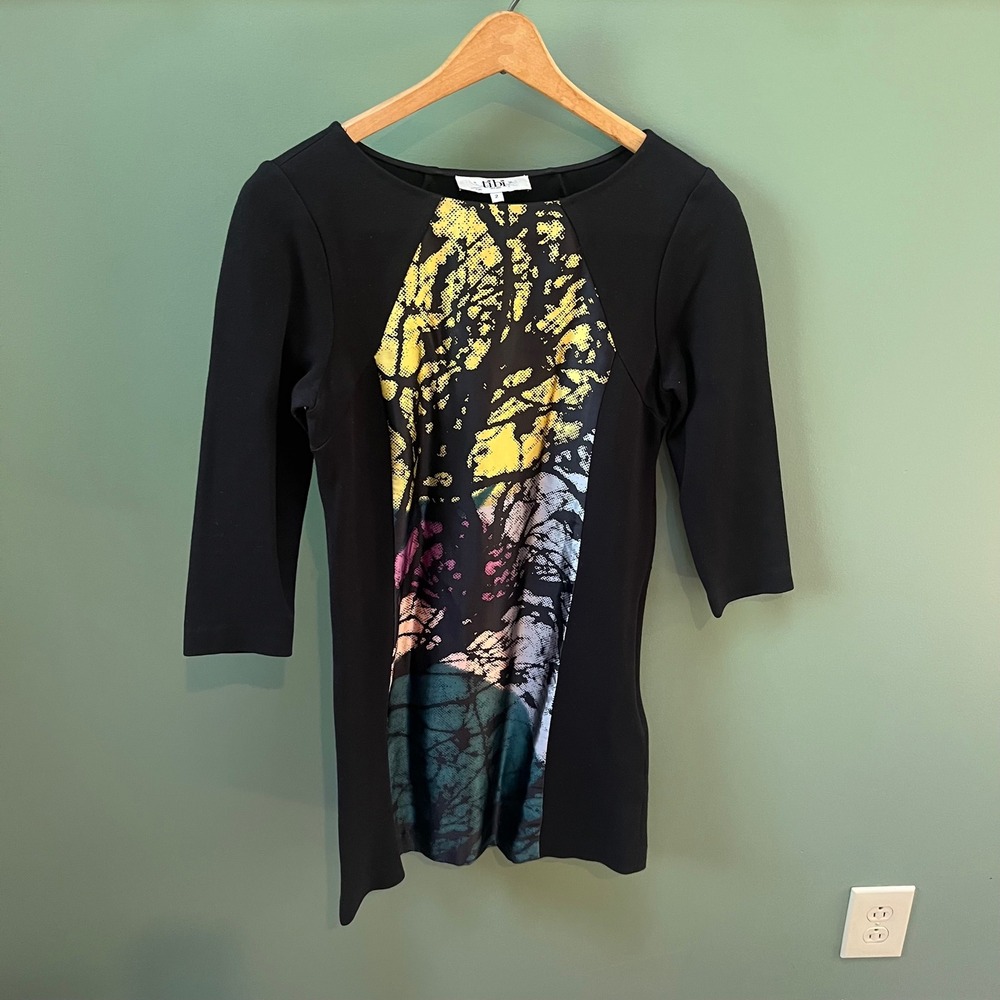 Tibi New York Black Dress w/ Tree Print Size 2 3/4‎ Sleeve Career Cocktail